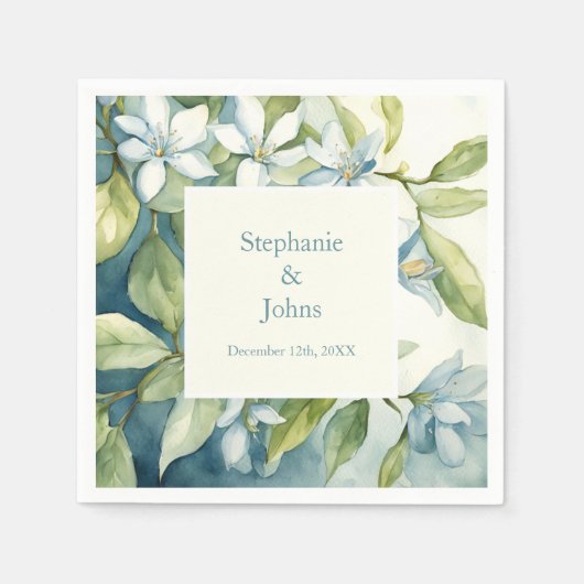 Serviette En Papier Blanc Floral vert Dusty Blue Art Mariage 2024 (Devant)