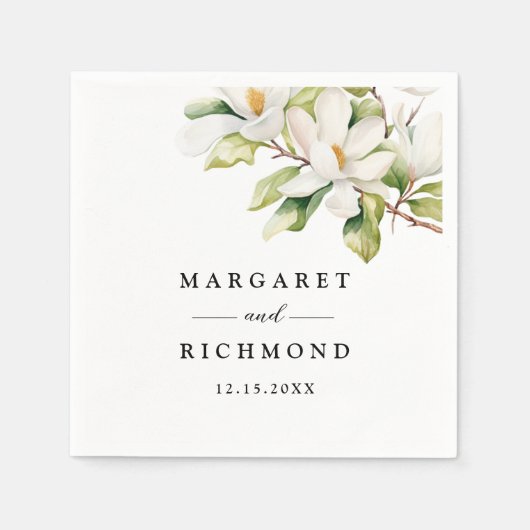 Serviette En Papier Blanc Magnolia Elegant Aquarelle Mariage Floral (Devant)