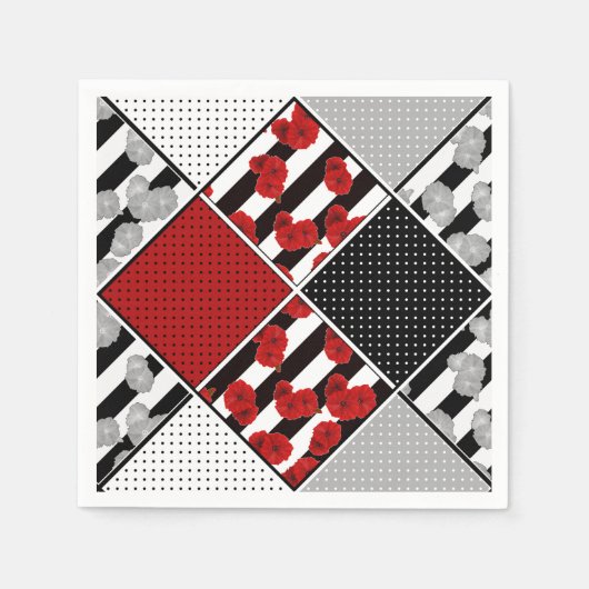 Serviette En Papier Blanc noir avec patchwork rétro rouge (Devant)