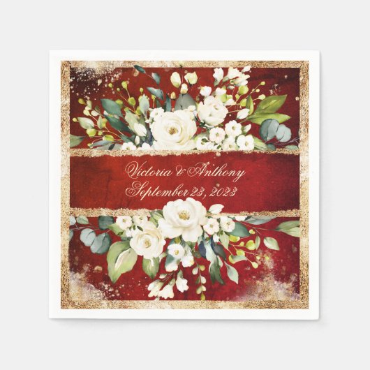 Serviette En Papier Blanc or Botanique Floral Rouge Rustique Mariage (Devant)