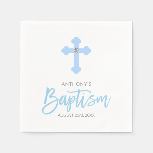 Serviette En Papier Blanc personnalisé Pastel Blue Boy Cross BAPTISM (Devant)