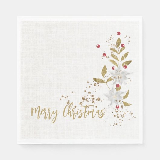 Serviette En Papier Blanc Poinsettia Red Berries Parties scintillant F (Devant)