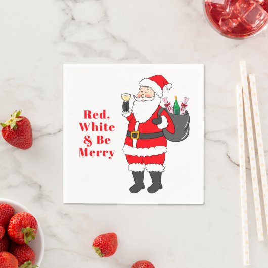Serviette En Papier Blanc rouge et Soyez joyeux vin Père Noël (En situation)