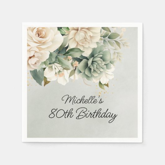 Serviette En Papier Blanc Sage Vert Floral Or 80e anniversaire (Devant)