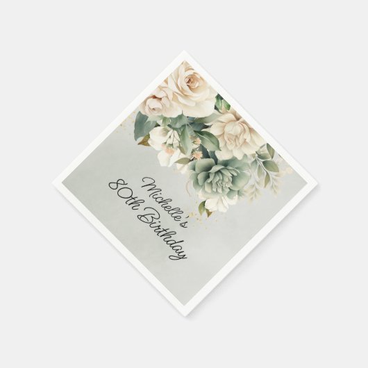 Serviette En Papier Blanc Sage Vert Floral Or 80e anniversaire (Coin)