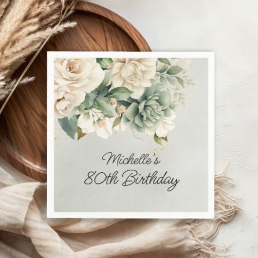 Serviette En Papier Blanc Sage Vert Floral Or 80e anniversaire
