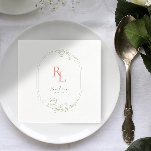 Serviette En Papier Blanc vert Floral Monogramme Mariage Napkins