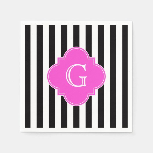 Serviette En Papier Blancs noirs, Monogramme Quatrefoil Rose Chaud (Devant)
