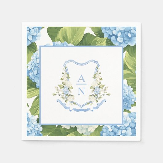 Serviette En Papier Blason à monogramme d'hortensia bleu (Devant)