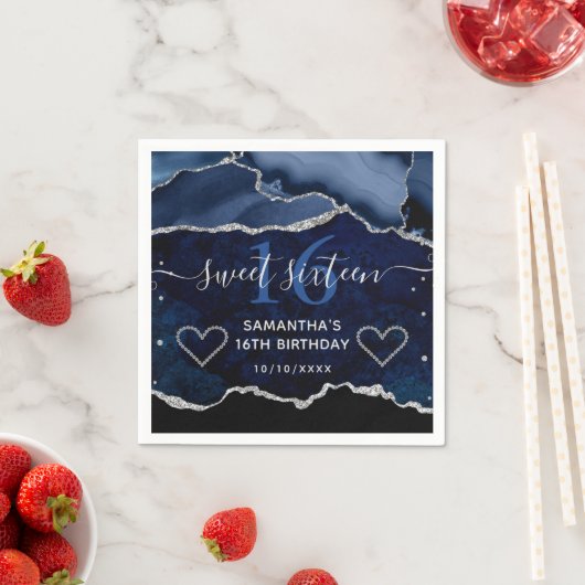 Serviette En Papier Bleu & Argent Faux Parties scintillant Agate Marbr (En situation)