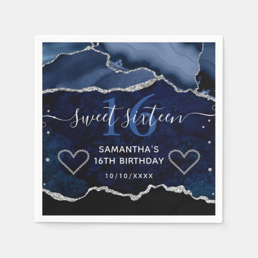 Serviette En Papier Bleu & Argent Faux Parties scintillant Agate Marbr (Devant)