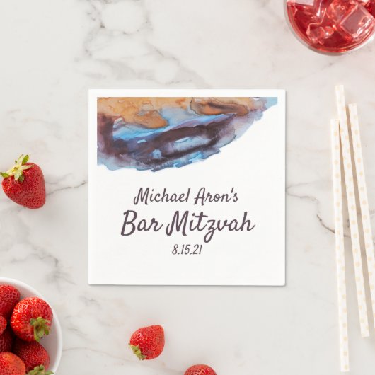 Serviette En Papier Bleu, Beige, Caramel Bar Mitzvah Napkins (En situation)
