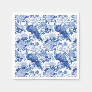Serviette En Papier Bleu Blanc Chinoiserie Fleurs Oiseaux Paon