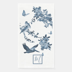 Serviette En Papier Bleu Blanc Chinoiserie Floral Élégant Monogramme