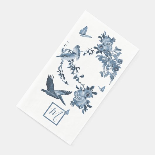 Serviette En Papier Bleu Blanc Chinoiserie Floral Élégant Monogramme (Coin)