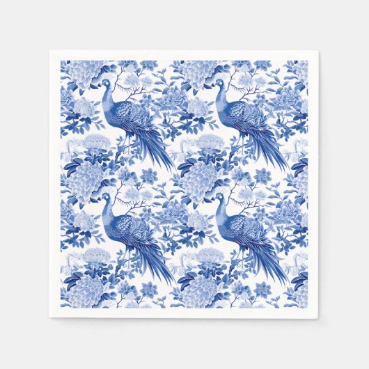 Serviette En Papier Bleu Blanc Chinoiserie Floral Peacock Birds (Devant)