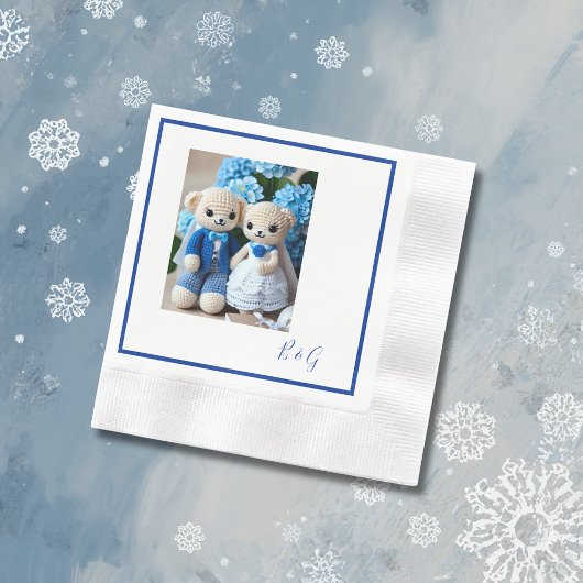 Serviette En Papier bleu blanc crochet figurine mariage couple