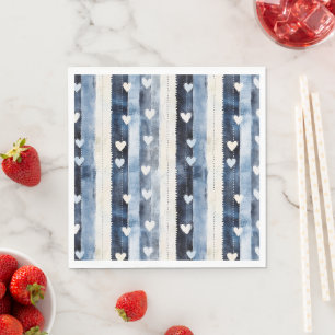 Serviette En Papier Bleu Blanc Denim Coeur rayures