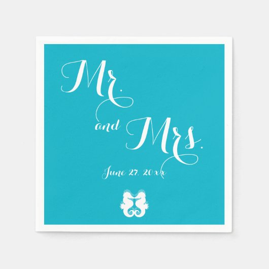 Serviette En Papier Bleu Blanc M. et Mme Seahorse Mariage Napkins (Devant)