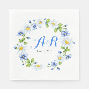 Serviette En Papier Bleu blanc Monogramme marguerite Mariage floral