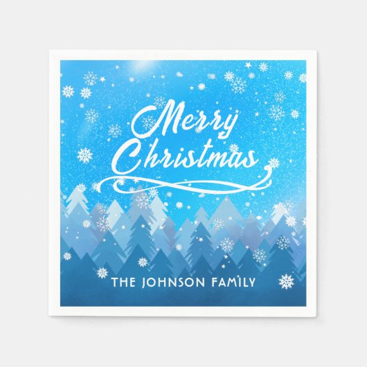 Serviette En Papier Bleu Blanc Neige Paisible Forêt Joyeux Noël (Devant)