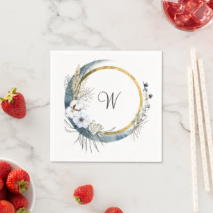 Serviette En Papier Bleu Blanc or Floral Monogramme Mariage Boho
