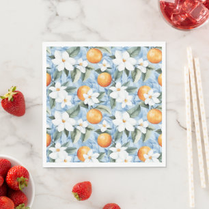 Serviette En Papier Bleu Blanc Sicilien Été Floral Oranges Mariage