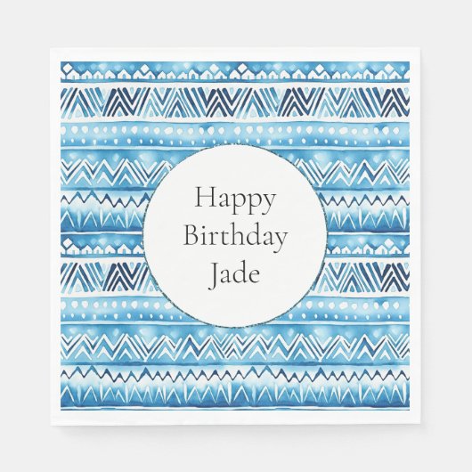 Serviette En Papier Bleu Blanc Tribal Stripes Anniversaire (Devant)