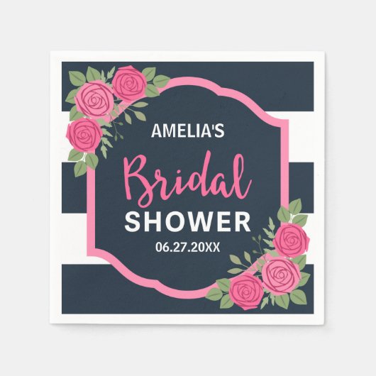 Serviette En Papier Bleu Blancs Fête des mariées Roses Roses Rose (Devant)