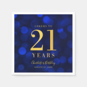 Serviette En Papier Bleu Bokeh Faux Gold Cheers à 21 Anniversaire (Devant)
