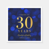 Serviette En Papier Bleu Bokeh Faux Gold Cheers à 30 ans Anniversaire (Devant)
