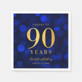 Serviette En Papier Bleu Bokeh Faux Gold Cheers à 90 ans Anniversaire (Devant)