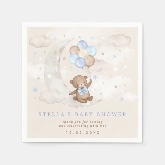 Serviette En Papier Bleu Brown Ours Teddy Ballons Lune Étoiles Bébé Ga (Devant)