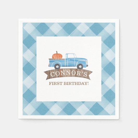 Serviette En Papier Bleu CITROUILLE Camion Anniversaire Automne 1er An (Devant)