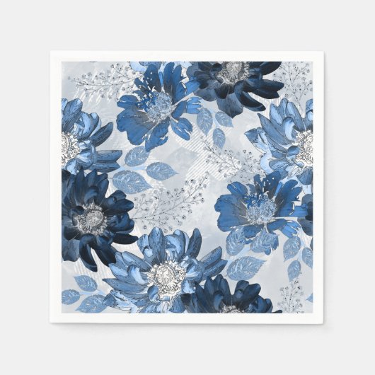 Serviette En Papier Bleu clair, fleurs bleu foncé sur gris clair (Devant)