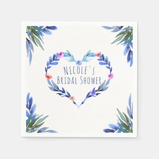 Serviette En Papier Bleu clair Floral Aquarelle Coeur Glam Élégant (Devant)
