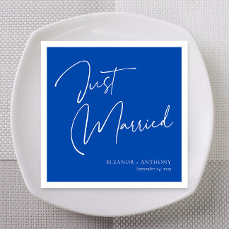 Serviette En Papier Bleu Cobalt Calligraphie Gras Juste Mariés