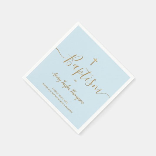 Serviette En Papier Bleu coutume Elegant Gold Cross Baptême Script (Coin)