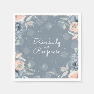 Serviette En Papier Bleu d'ardoise et Rose poussiéreux Botanique