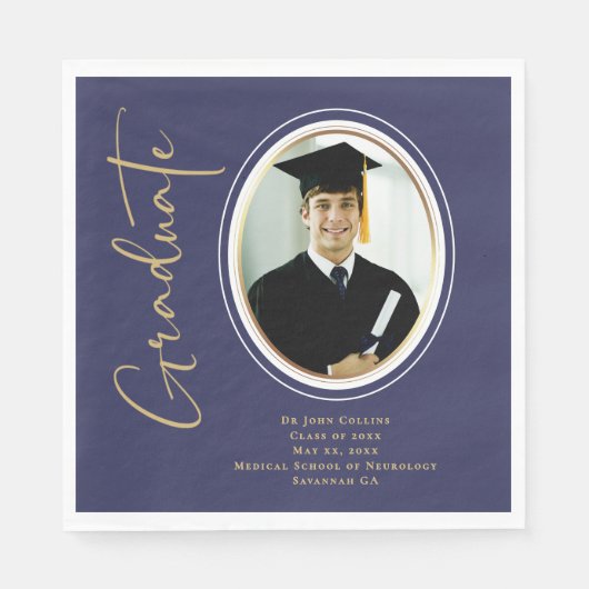 Serviette En Papier Bleu de la Marine - Script de graduation d'or (Devant)