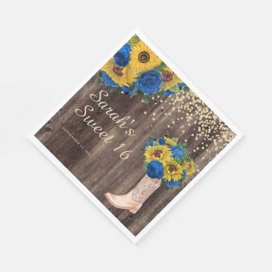 Serviette En Papier Bleu de tournesol rustique Bottes Roses doux 16 (Coin)