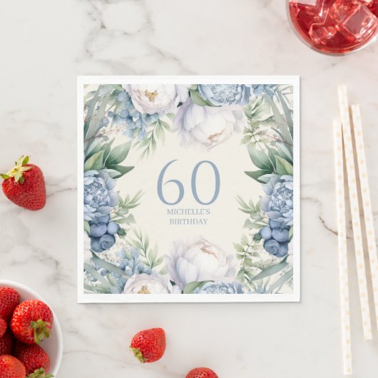 Serviette En Papier Bleu Duché Blanc Floral 60e anniversaire (En situation)