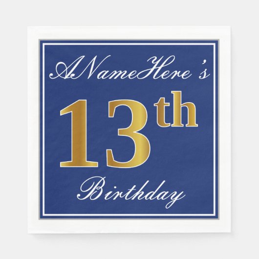 Serviette En Papier Bleu Élégant, 13e anniversaire de Faux Gold; Nom p (Devant)