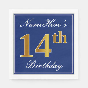 Serviette En Papier Bleu Élégant, 14e anniversaire de Faux Gold; Nom p