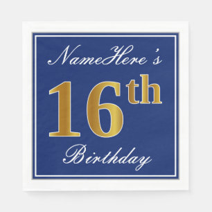 Serviette En Papier Bleu Élégant, 16e anniversaire de Faux Gold; Nom p