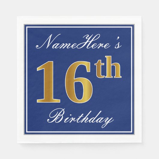 Serviette En Papier Bleu Élégant, 16e anniversaire de Faux Gold; Nom p (Devant)