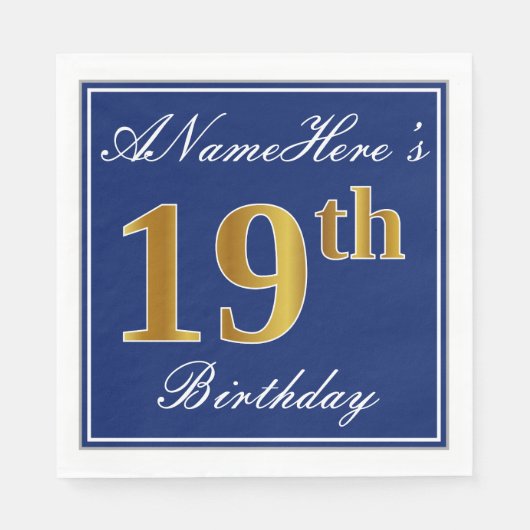 Serviette En Papier Bleu Élégant, 19e anniversaire de Faux Gold; Nom p (Devant)