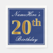 Serviette En Papier Bleu élégant, Faux Gold 20e anniversaire; Nom pers (Devant)