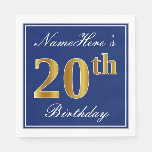 Serviette En Papier Bleu élégant, Faux Gold 20e anniversaire; Nom pers (Devant)