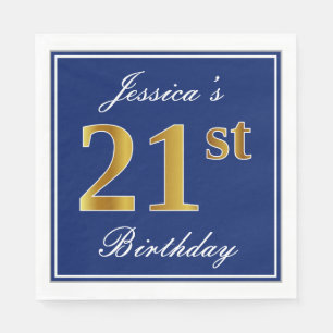 Serviette En Papier Bleu Élégant, Faux Gold 21ème Anniversaire ; Nom p